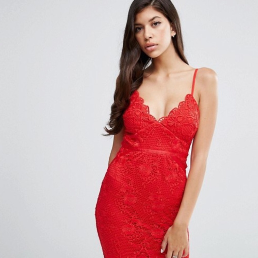 Red scallop lace corset dress by Lipsy